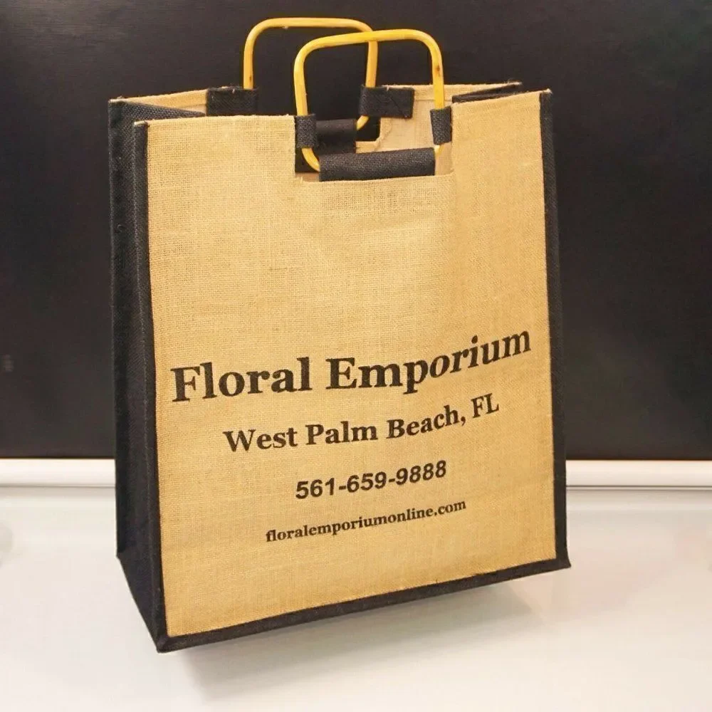 Floral Emporium Natural Burlap Jute Tote Bag Reusable Full Gusset Bamboo Handles